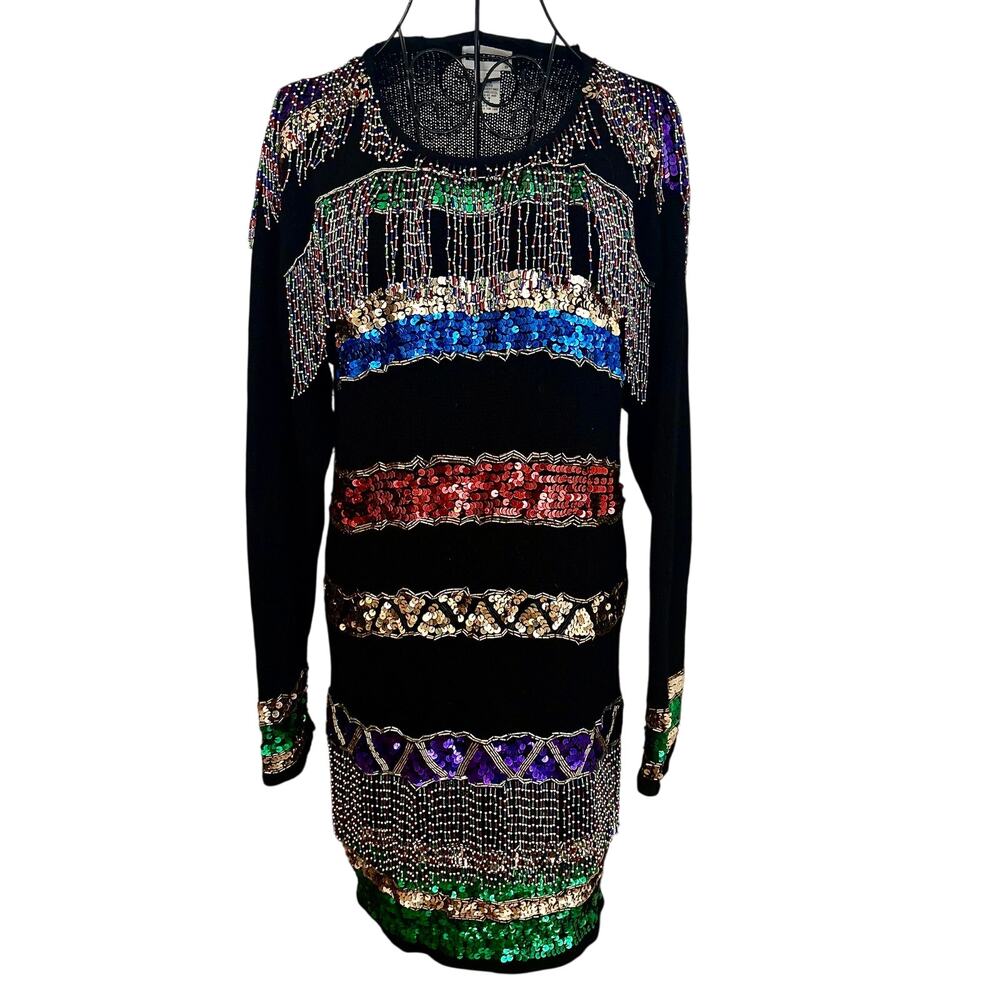 Vintage 80's Gantos Angora Silk Beaded Sequined Fringe Sweater Dress Knit Glam